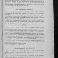 0981 - Page 955 - Informations. Renseignements divers. Commissions chargée d'élaborer les tarifs de remboursement des frais médicaux et pharmaceutiques en matière d'accidents du travail / IXe Salon des médecins / [Nécrologie]. Décès. [M. le Professeur Henry Gautier] / Enregistrement des diplôme
