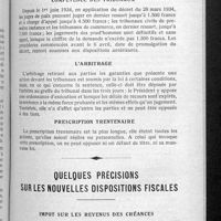 0807 - Page 765 - Renseignements divers d'ordre judiciaire. Compétence des tribunaux / L'arbitrage / Prescription trentenaire / Quelques précisions sur les nouvelles dispositions fiscales. Impôt sur les revenus des créances