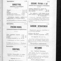 0069 - Page 63 - Formulaire des pharmaciens de la Seine. Fiches de renseignements pratiques par E. D. Spécialités. Borostyrol / Spécialités. Éphédro-Rhinol / Spécialités. Sodothiol / Cocaine (Potion à la) / Carbone intraveineux / Histamine
