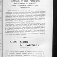 0093 - Page 83 - Dernières nouvelles. Article 64 des pensions. Établissement des mémoires pour le premier trimestre 1934 / D'un mois à l'autre !