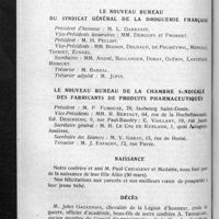 0318 - Page 300 - Informations. Renseignements divers. Le nouveau Bureau du Syndicat général de la droguerie française / Le nouveau Bureau de la Chambre syndicale des fabricants de produits pharmaceutiques / Naissance / [Nécrologie]. Décès. [M. Jules Gazannois ; Mme Frézals]
