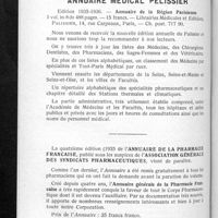 0574 - Page 544 - Bibliographie. Annuaire médical Pélissier. Editions 1935-1936. - Annuaire de la région parisienne... - Librairies médicales et éditions, Palissier... - Ch. post. 717 90 / La quatrième édition (1935) de l'annuaire de la pharmacie française, publié sous les auspices de l'Association générale des Syndicats pharmaceutiques, vient de paraître