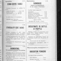 0717 - Page 679 - Formulaire des pharmaciens de la Seine. Fiches de renseignements pratiques par E. D. Spécialités. Dermo-cuivre faible / Dithiosalicylique (acide) / Spécialité. Diagnorénol / Spécialités. Carminase / Crésotinate de butyle et propyle / Pharmacopées étrangères. Unguentum pomadini