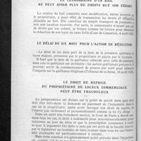0324 - Page 312 - Jurisprudence commerciale. Le cessionnaire d'un bail ne peut avoir plus de droits que son cédant / Le délai de six mois pour l'action en réduction / Le droit de reprise du propriétaire de locaux commerciaux peut être frauduleux