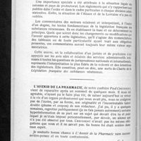 0400 - Page 384 - Bibliographie. Législation française des substances vénéneuses suivie des documents officiels et des conventions internationales. Préfaces de Me Jean Appleton..., et de Maxime Toubeau... En vente chez Vigot frères... et à la Chambre syndicale des pharmaciens de la Seine / L'Avenir de la pharmacie