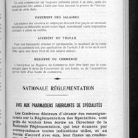 0693 - Page 663 - Renseignements divers, professionnels, fiscaux, commerciaux, prud'homaux. Effet perdu / Date certaine / Payement des salaires / Accident du travail / Registre du commerce / Nationale réglementation. Avis aux pharmaciens fabricants de spécialités