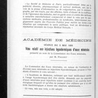 0908 - Page 866 - La publicité médicale et pharmaceutique charlatanesque / Académie de médecine. Séance du 5 mai 1936. Voeu relatif aux injections hypodermiques d'eaux minérales présenté au nom de la commission des eaux minérales, par M. Pouchet