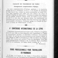 0416 - Page 393 - Fédération internationale pharmaceutique - Bureau / Faculté de pharmacie de Paris. Enseignement complémentaire d'optique / 4é conférence internationale de la lèpre / Cours professionnels pour travailleurs en pharmacie
