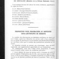 0429 - Page 406 - La page militaire. Au tableau de la légion d'honneur pour le grade de chevalier (Ministère de la Défense Nationale) Réserves / Proposition pour pharmaciens ou dentistes sous-lieutenants de réserve