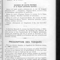 0015 - Page 15 - Liste des services d'Hôpitaux qui fonctionnent actuellement à Paris, et des maisons de santé de la région parisienne ouvertes / Prescription des toxiques