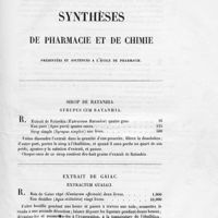 0023 - Page sans numérotation - Synthèses de pharmacie et de chimie. Sirop de ratanhia. Syrupus cum ratanhia / Extrait de gaiac. Extractum guaiaci