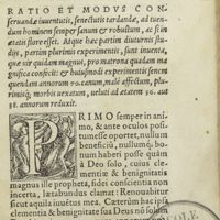 0020 - Page 1 - Dr Alexii Pedemontani de secretis liber primus. Ratio et modus conservandae iuventutis, senectutis tardandae, ad tuendum hominem semper sanum & robustum, ac si in aetatis flore esset. Atque haec partim diuturnis studiis, partim plurimis experimentis, sunt inventa, quae vir quidam magnus, pro matrona quadam magnifica confecit : & huiusmodi experimentis senem quendam annorum 70. canum, malè affectum, plurimisque ; morbis vexatum, veluti ad aetatem 36. aut 38. annorum reduxit