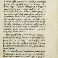 0034 - Page 15 - Modus conficiendi aurum potabile, ad conservandam sanitatem & iuventutem, siue per se sumptum, siue cum ea potione, cuius in capite, huius primi libri, secundo, mentionem fecimus. Praetereae sanat omnem morbum incurabilem, septem ad summum diebus