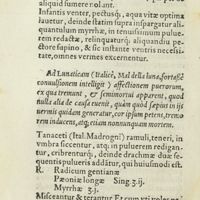 0045 - Page 26 - Ad lunaticam (Italicè, Mal della luna, fortassè convulsionem intelligit) affectionem puerorum, ex qua tremunt, & semimortui apparent, quod nulla alia de causa evenit, quàm quod saepius in iis vermis quidam generatur, cor ipsum petens, tremo rem inducens, atque ; etiam nonnunquam mortem
