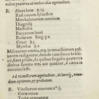 0094 - Page 75 - Pilulae Michaelis Scoti, ad capitis antiquum dolorem, quae cerebrum purgant, visum clarificant, memoriam conservant, colorem faciei bonum reddut, valent praeterea ad multas alias aegritudines / Ad Mamillarum aegritudines, doloresque, remedium optimum, & probatum