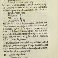 0110 - Page 91 - Oleum contra pestem & venena / Praeservatiuum contra pestem, optimum, quod in Anglia, tempore magnae illius pestilentiae, Anni 1348. ab omnibus medicis probatum fuit. Nam omnes qui hoc usi sunt, euaserunt