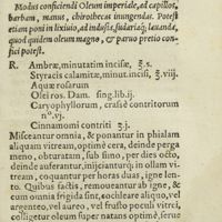 0116 - Page 97 - Dr Alexii Pedemontani, de secretis liber fecundus. Modus conficiendi oleum imperiale, ad capillos, barbam, manus, chirothecas inungendas. Potest etiam poni in lixivio, ad indusia, sudariaque, lavanda, quod quidem oleum magno, & paruo pretio confici potest