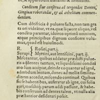 0205 - Page 186 - Conditum siue conserva ad tergendos dentes, gingivas roborandas, & ad anhelitum commendandum / Modus siue ratio parandi pulueres, & conservas, ad dentes