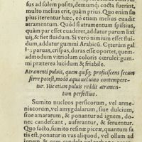 0243 - Page 224 - Atramenti puluis, quem quisq ; proficiscens secum ferre potest, modo aqua uel uino contemperetur. Hic etiam puluis reddit atramentum perfectius