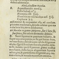 0357 - Page 338 - Aliud, ad easdem maculas / Ad maculas ex panno purpureo, siue è lana sit, siue serico, sine coloris detrimento delendas / Ad maculas delendas ex pannis sericis albis, & cremesinis