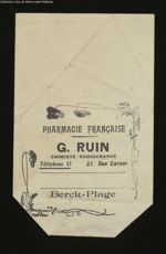 Pharmacie Française. G. Ruin. Chimiste. Radiographe. 37, rue Carnot Berck-Plage