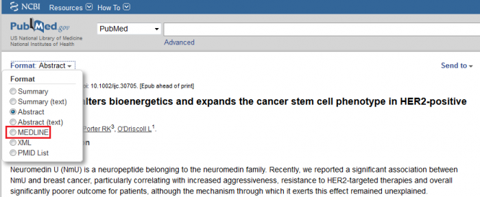 Lors de l'affichage d'une notice, utiliser le menu déroulant "Format" pour afficher le format MEDLINE
